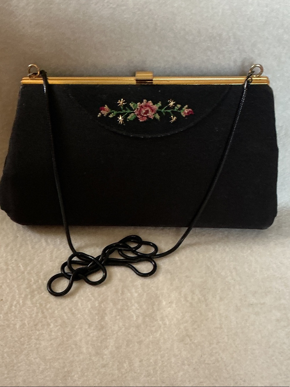Vintage Black Clutch with Pink & Green Floral Embroidery and Gold Frame